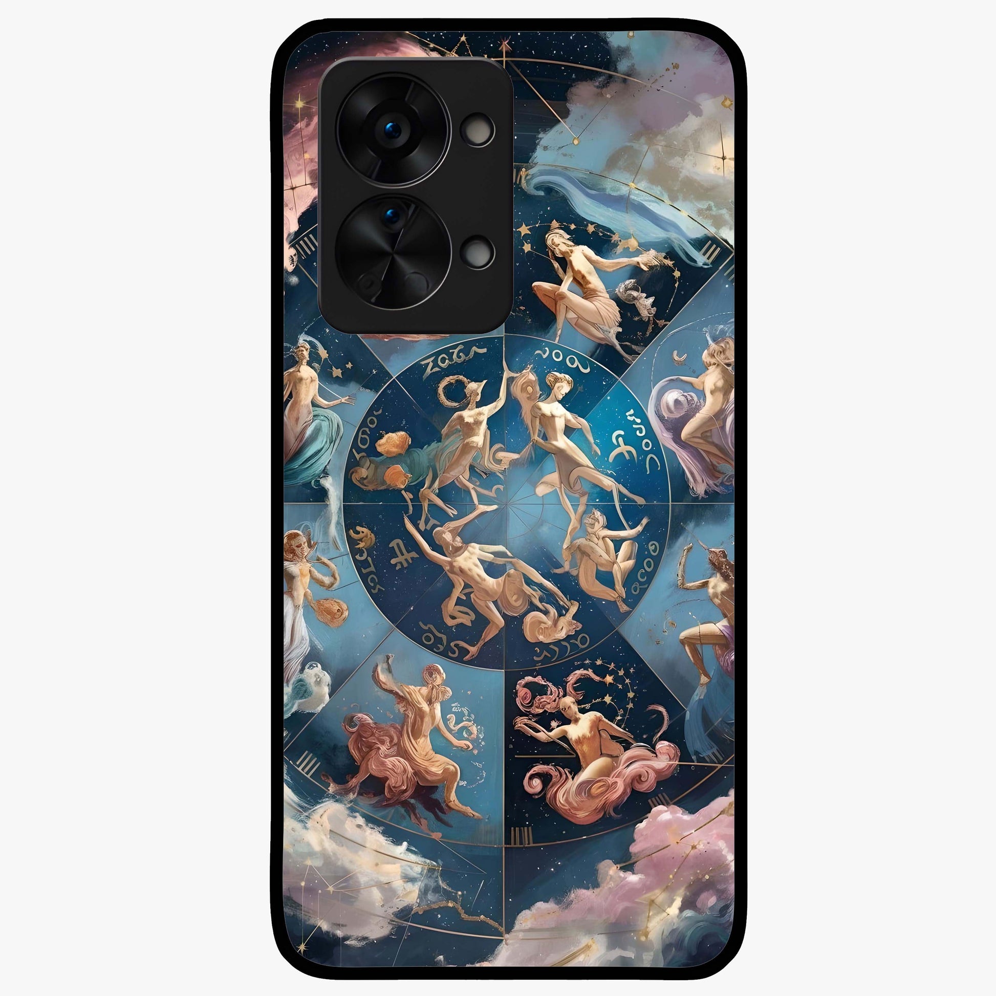 Celestial Signs Dance Glass Case for 1+Nord 2T artistic front view featuring zodiac inspired celestial symbol artwork