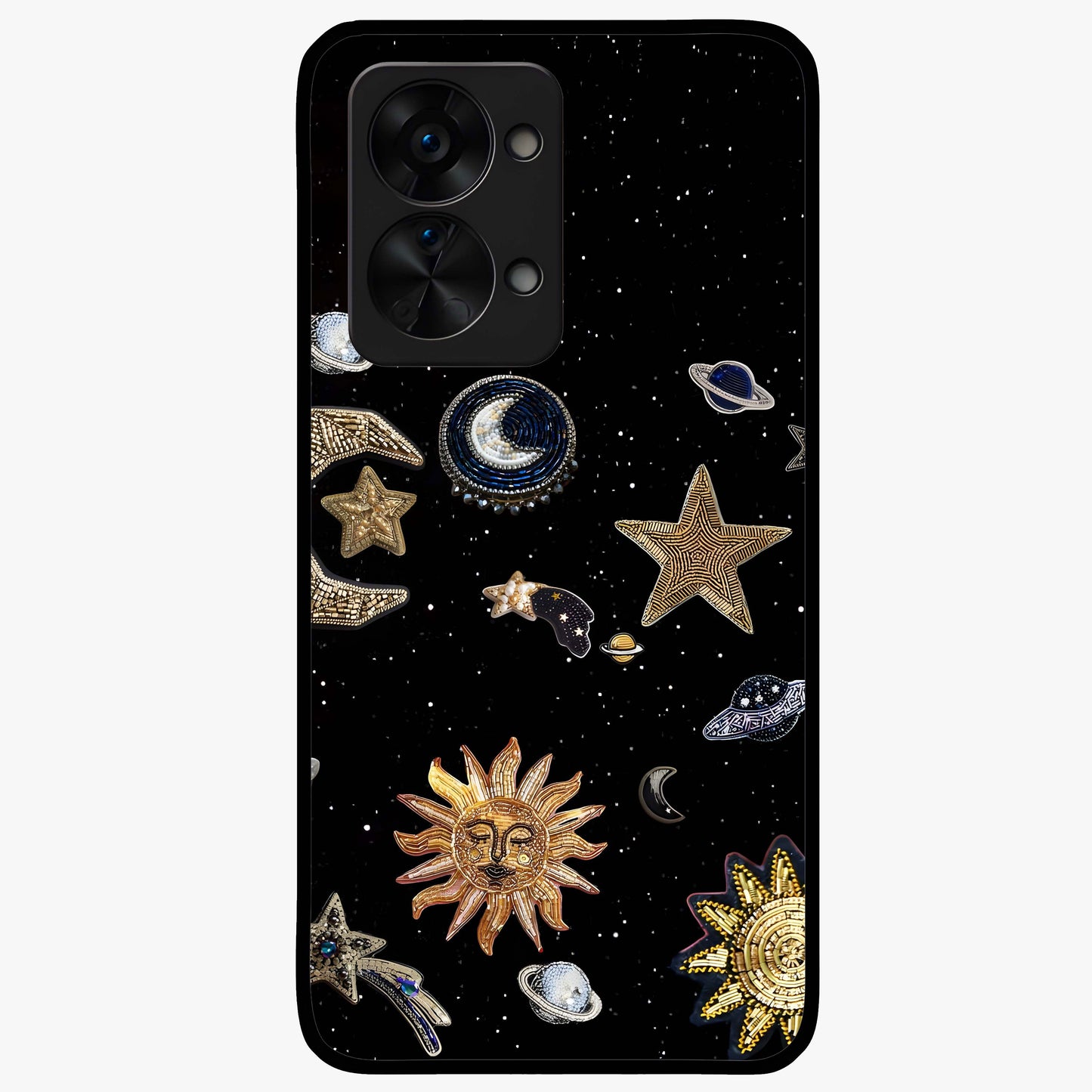 Celestial Star Charm Glass Case for 1+Nord 2T radiant front view featuring star inspired cosmic artwork