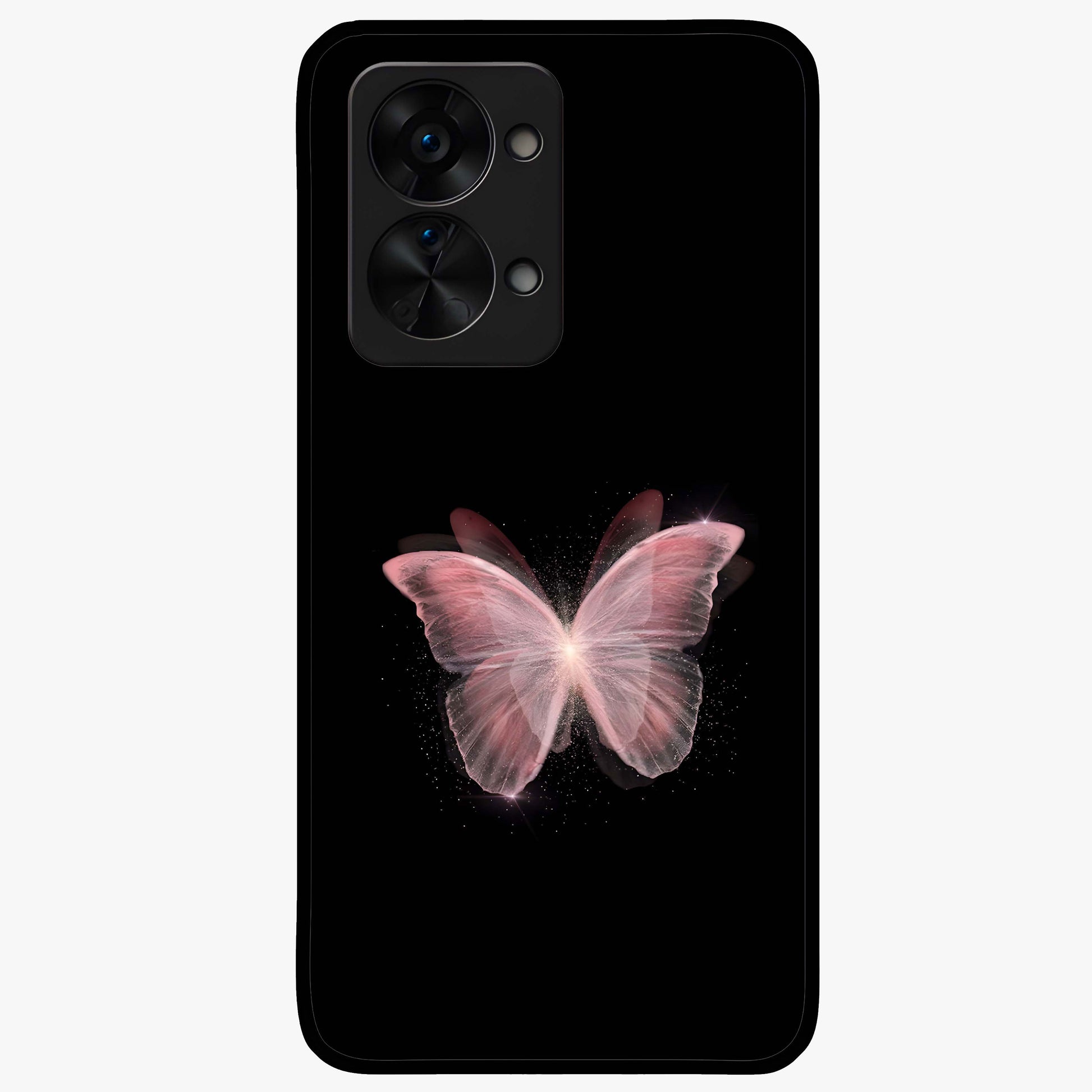 Celestial Wings Butterfly Glass Case for 1+Nord 2T elegant front view featuring butterfly artwork with cosmic accents
