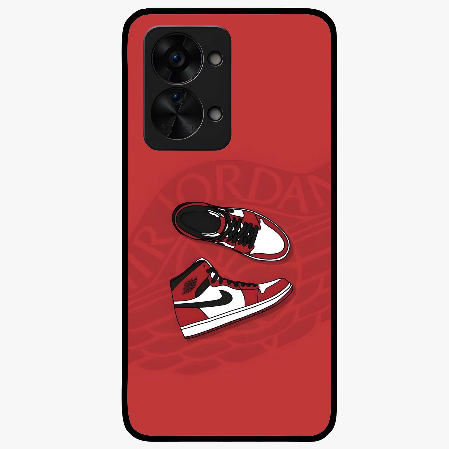 Classic Sneaker Float Glass Case for 1+Nord 2T showing full back design in clean flat view with floating sneaker artwork and glossy glass finish.