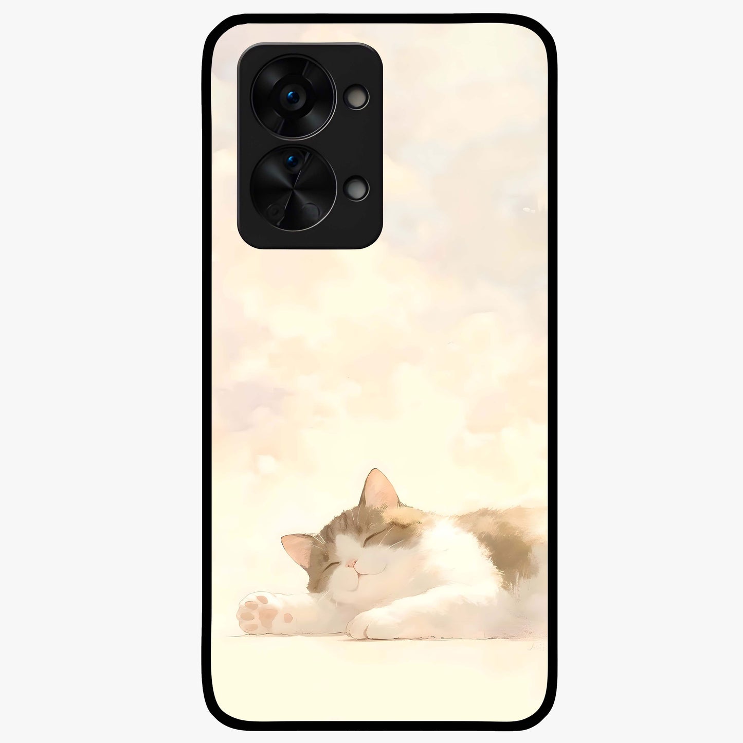 Cloud Nap Cat Glass Case for 1+Nord 2T adorable front view featuring cute sleeping cat artwork on soft cloud background