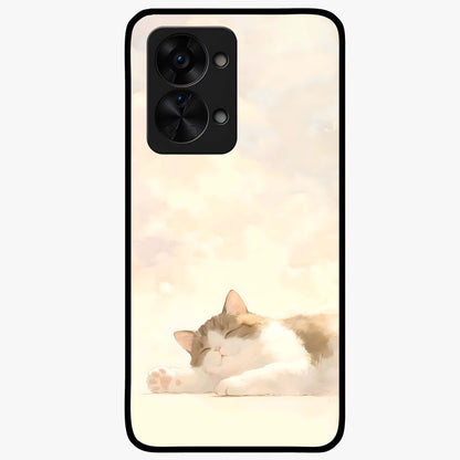 Cloud Nap Cat Glass Case for 1+Nord 2T adorable front view featuring cute sleeping cat artwork on soft cloud background