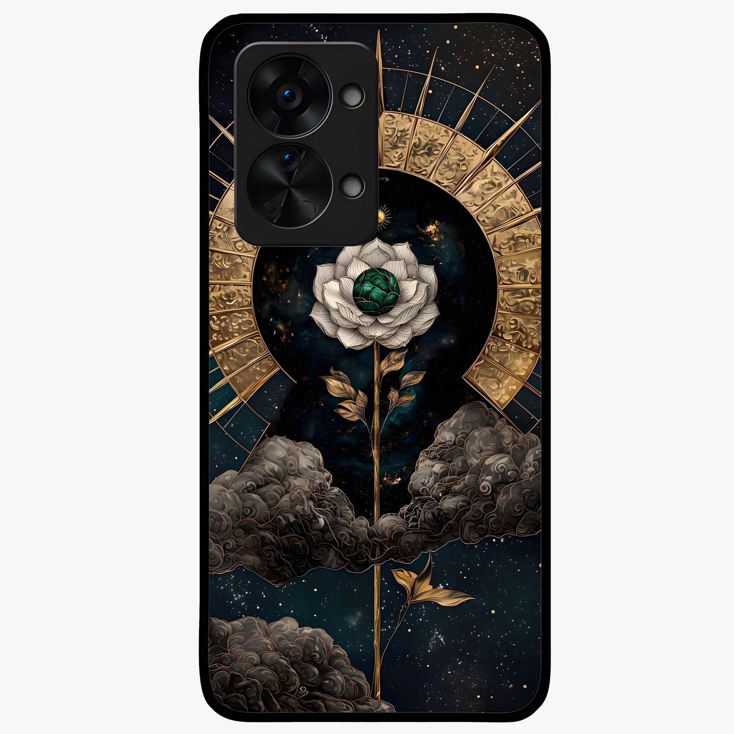 Cosmic Bloom Rose Glass Case for 1+Nord 2T elegant front view featuring rose artwork blended with cosmic background