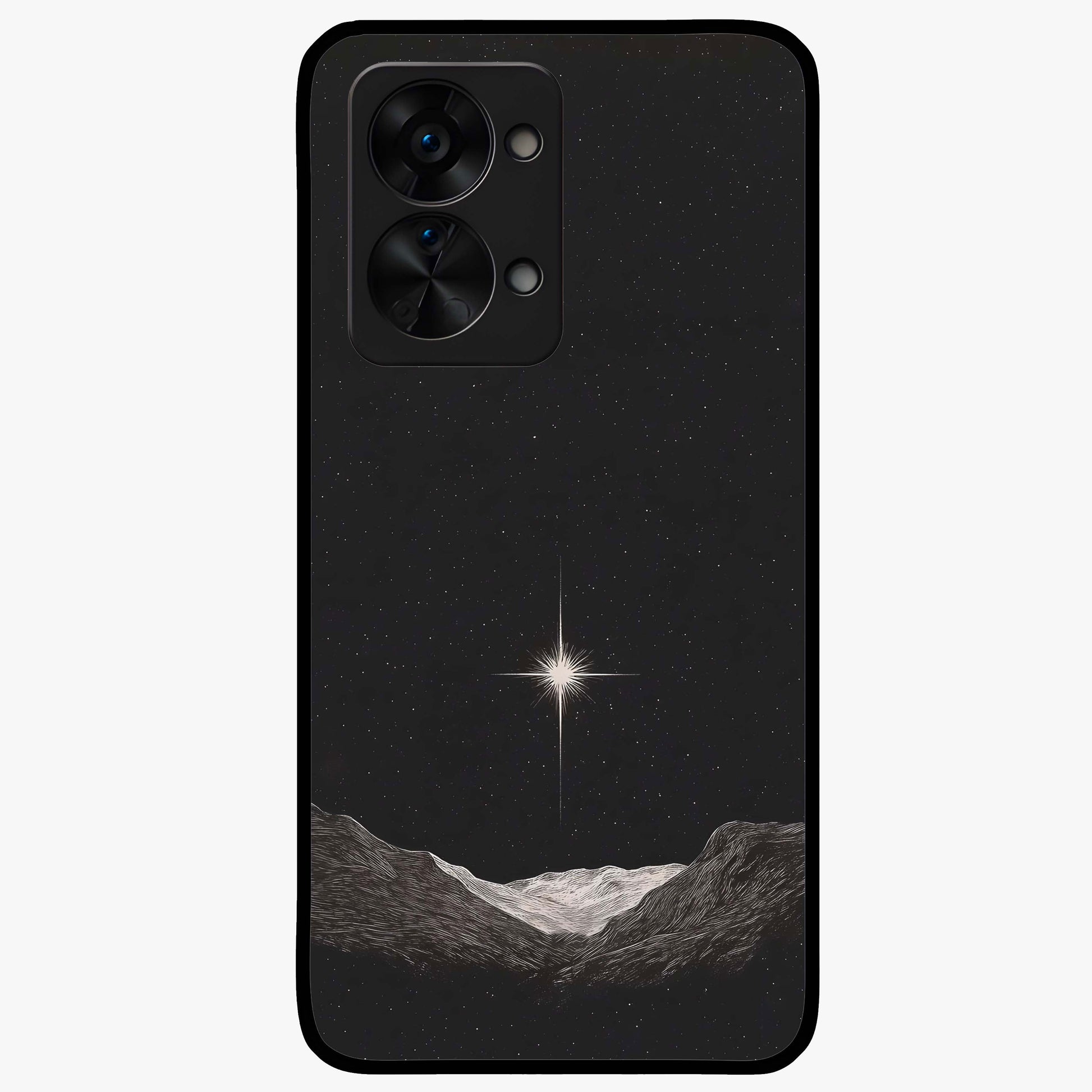 Cosmic Dream Night Glass Case for 1+Nord 2T dreamy front view featuring deep night sky artwork with glowing stars