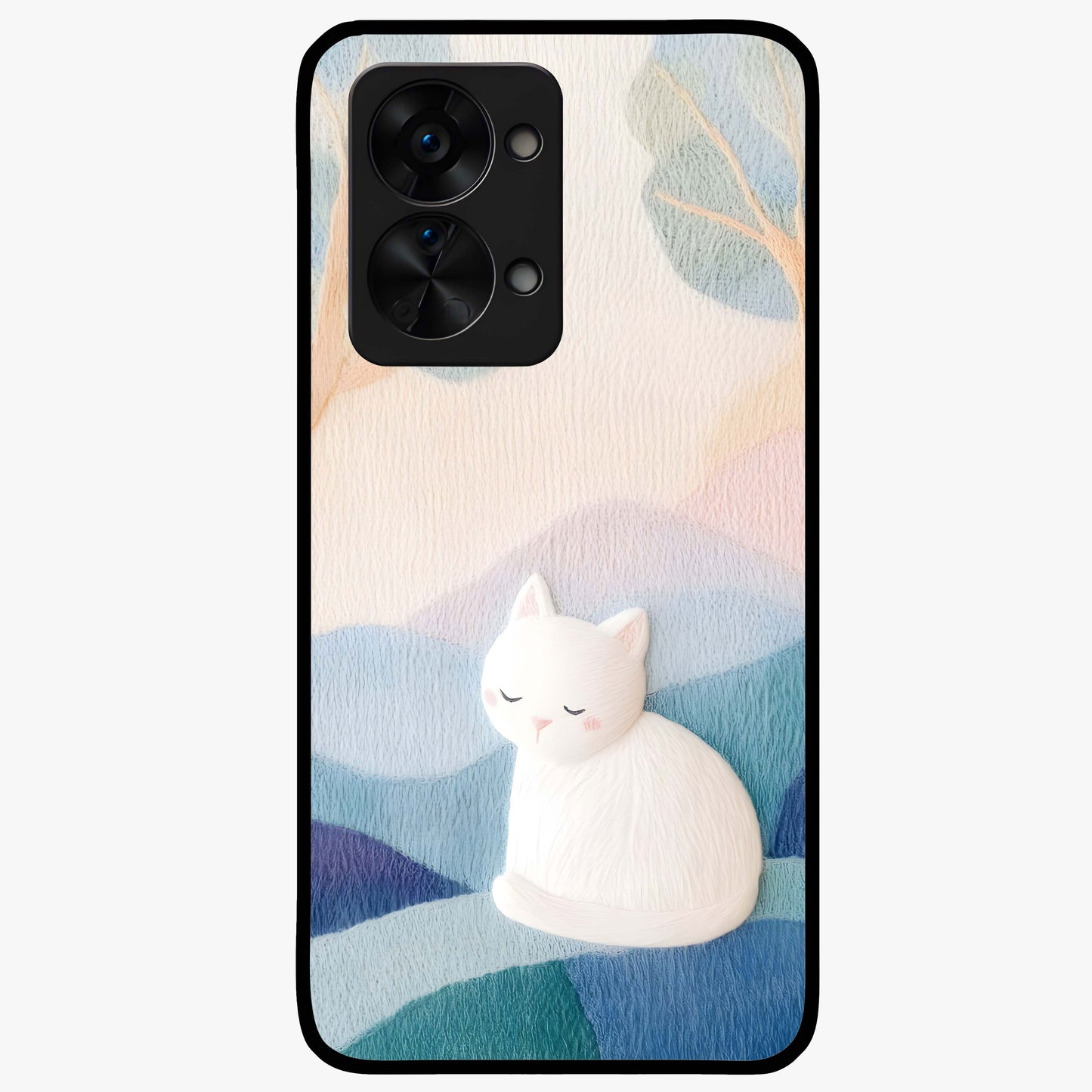 Cotton Dream Cat Glass Case for 1+Nord 2T soft front view featuring dreamy cat artwork in pastel tones