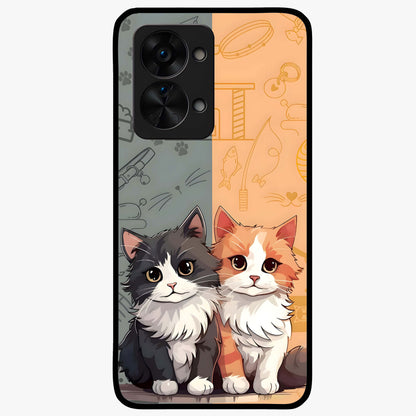Cozy Cat Duo Glass Case for 1+Nord 2T adorable front view featuring two cats in warm aesthetic artwork