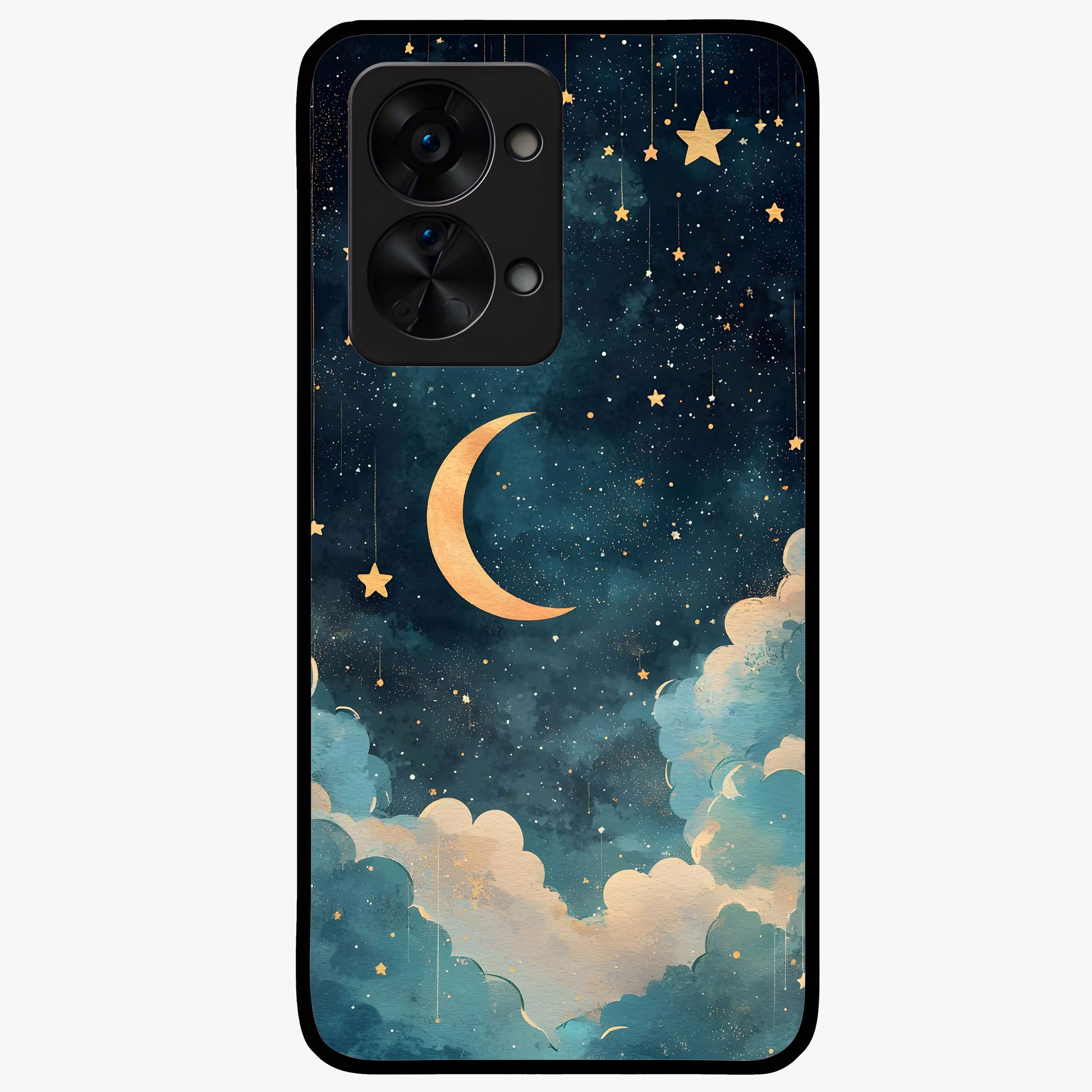 Crescent Galaxy Moon Glass Case for 1+Nord 2T mystical front view featuring crescent moon artwork with cosmic background