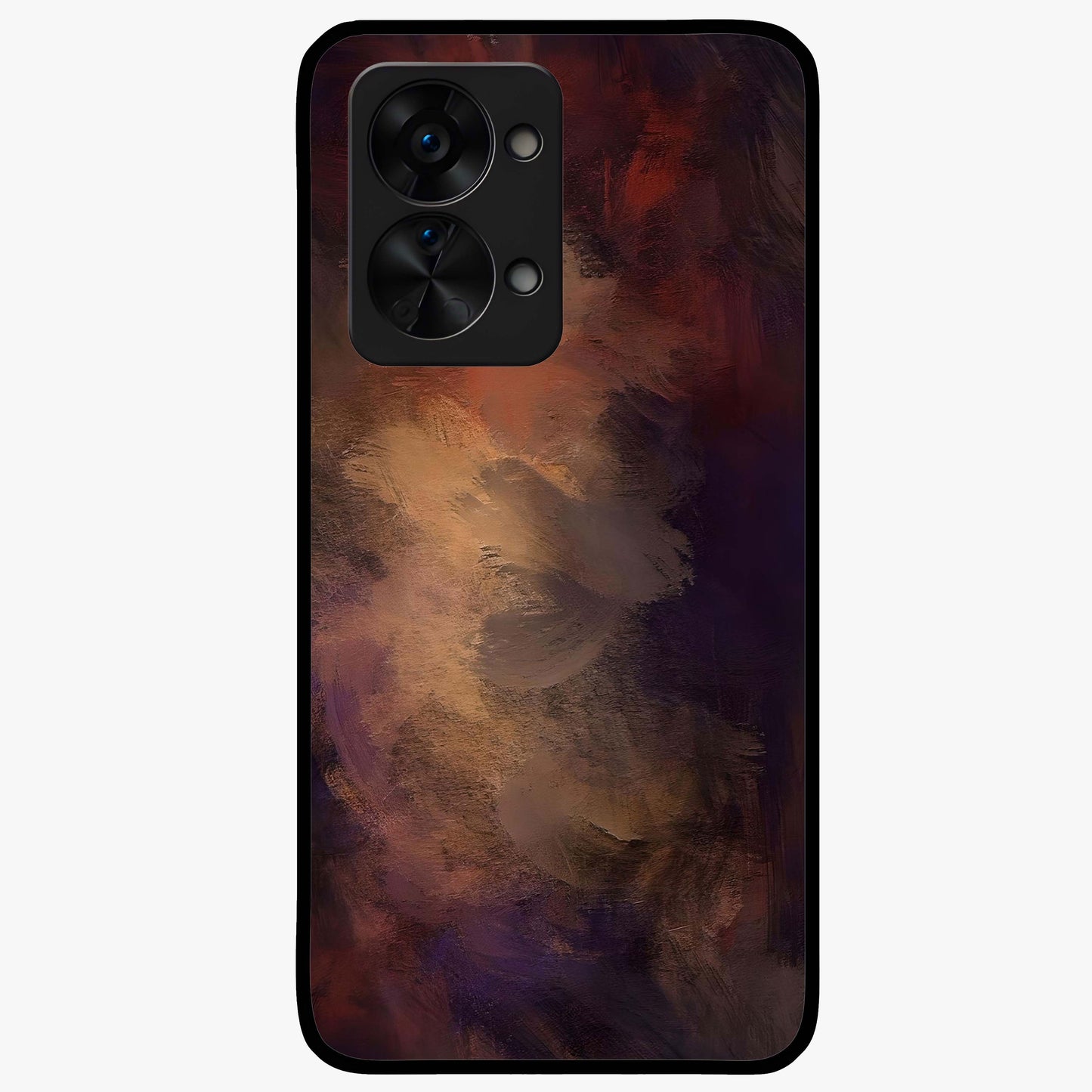 Crimson Dusk Whirl Glass Case for 1+Nord 2T dramatic front view featuring swirling dusk inspired crimson artwork