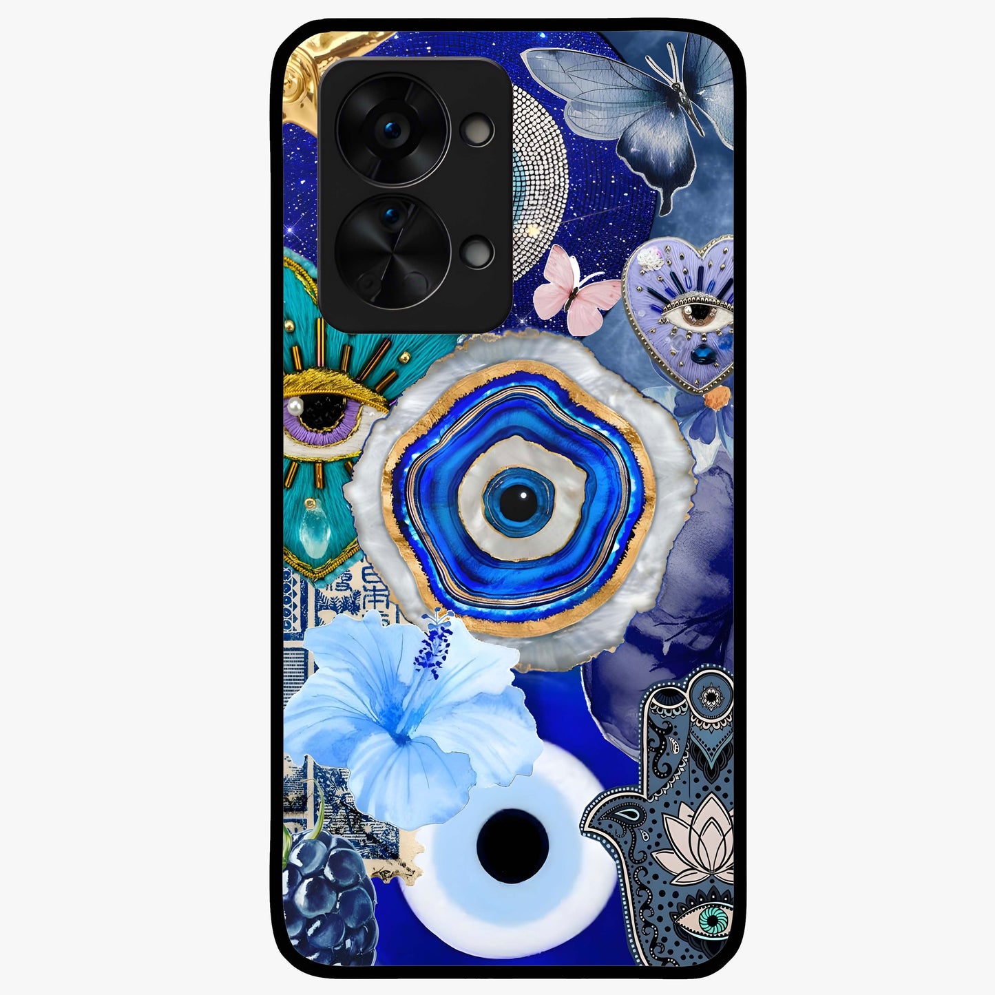 Crimson Evil Eye Charm Glass Case for 1+Nord 2T bold front view featuring protective evil eye artwork in deep red tones