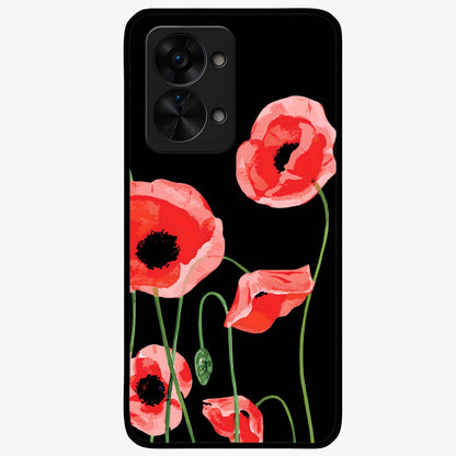 Crimson Garden Dream Glass Case for 1+Nord 2T romantic front view featuring rich red floral garden artwork
