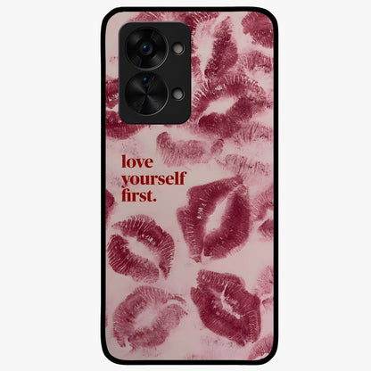 Crimson Kiss Love Glass Case for 1+Nord 2T romantic front view featuring bold crimson love inspired artwork