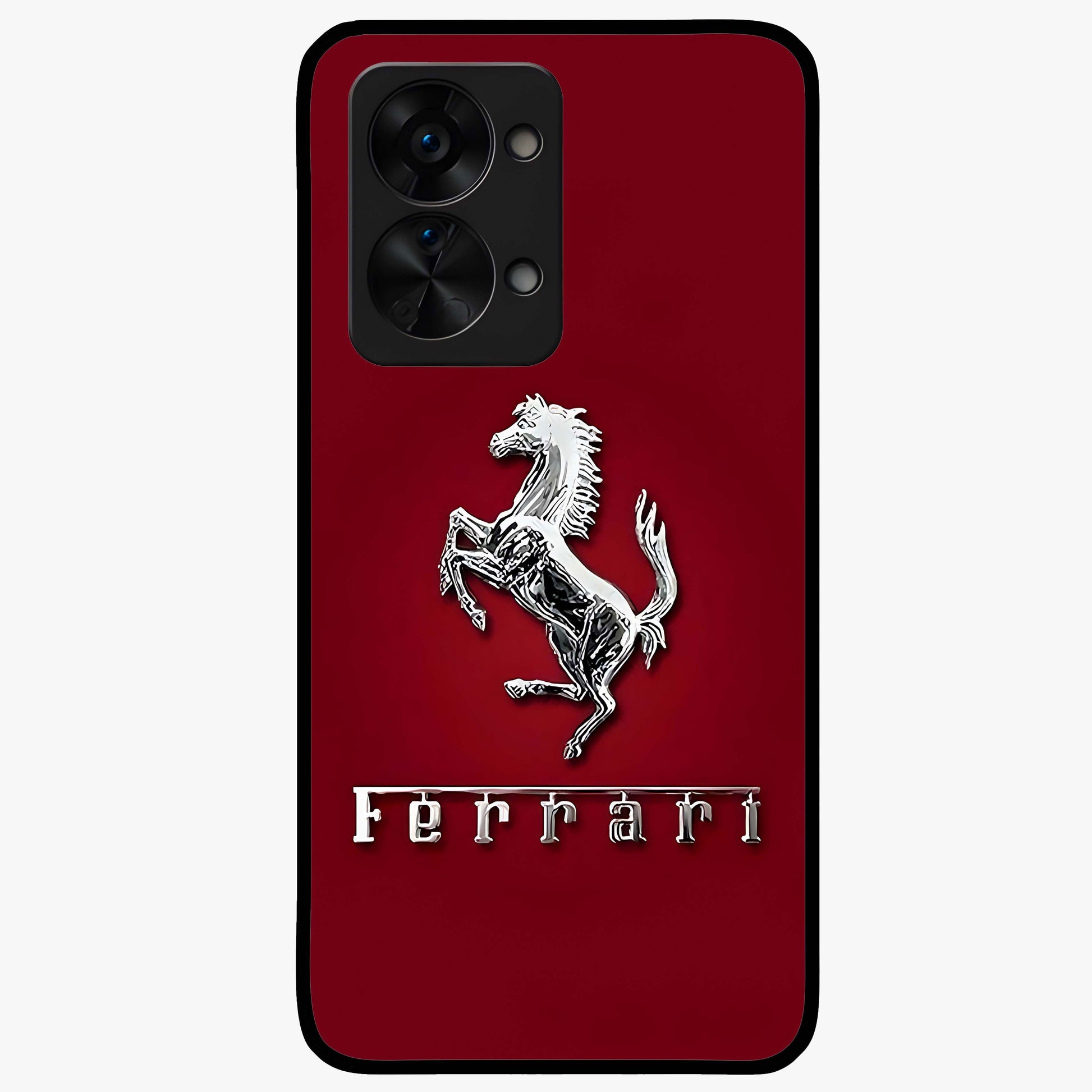 Crimson Stallion Prestige Glass Case for 1+Nord 2T powerful front view featuring majestic stallion artwork in crimson tones