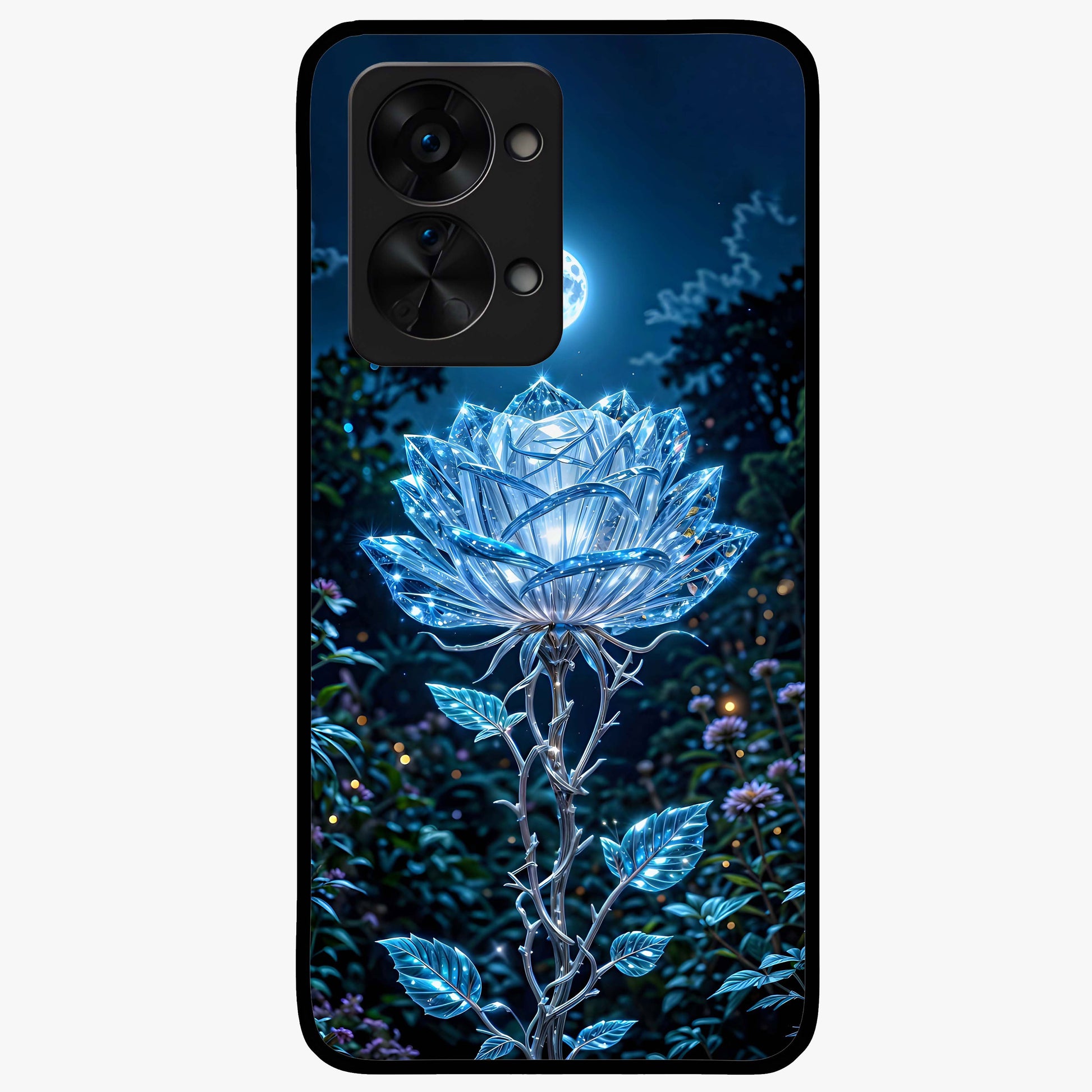 Crystal Moon Lotus Glass Case for 1+Nord 2T serene front view featuring glowing lotus artwork under crystal moonlight