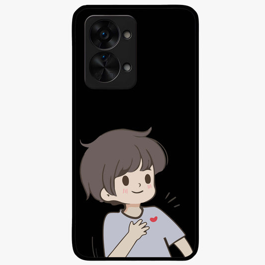 Cute Boy Heart Reaction Glass Case for 1+Nord 2T adorable front view featuring playful heart reaction character artwork