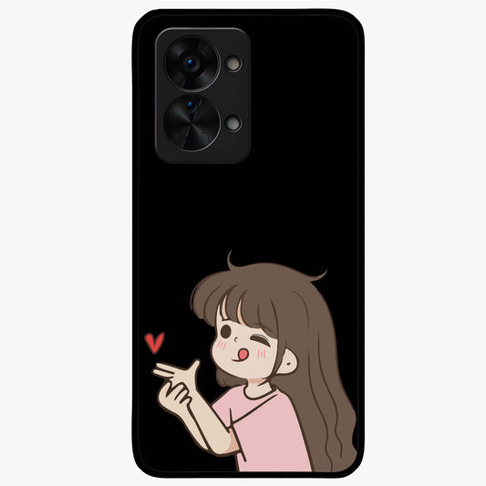 Cute Girl Firing Heart Glass Case for 1+Nord 2T charming front view featuring animated heart themed artwork