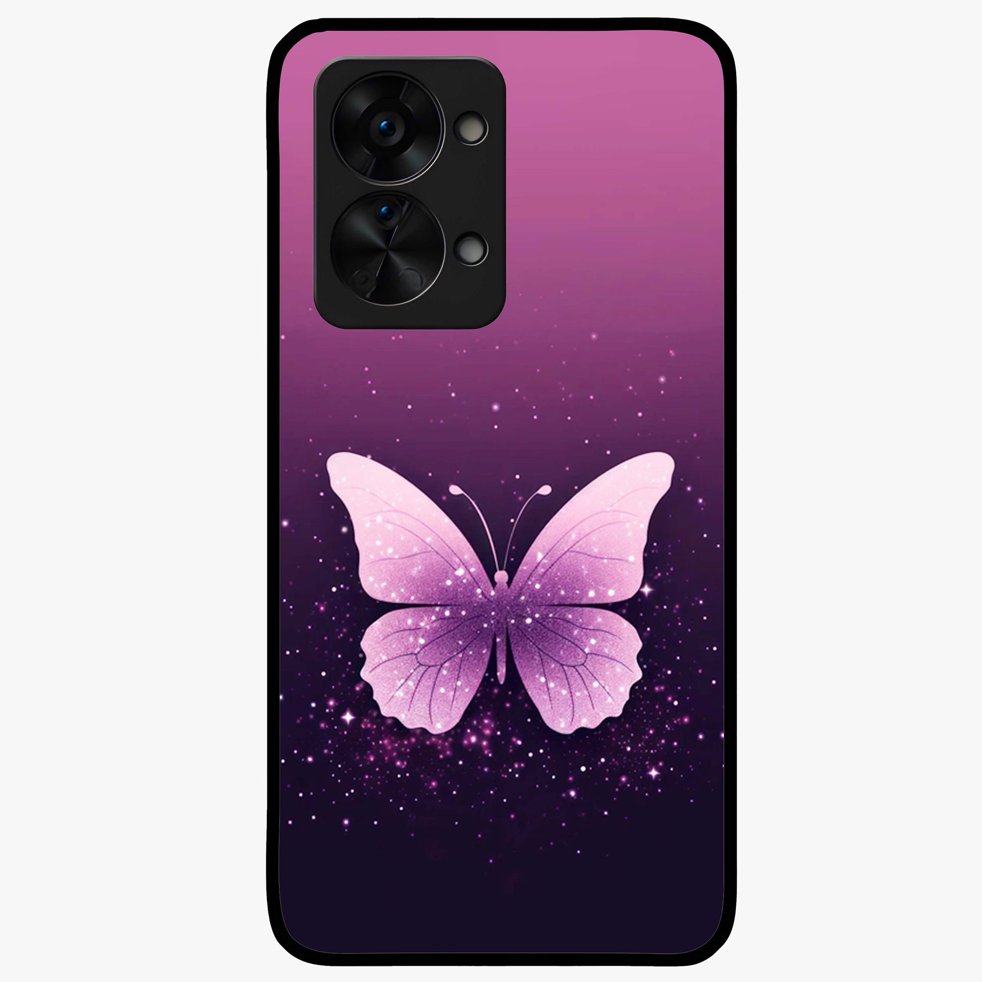 Cute Starry Butterfly Glass Case for 1+Nord 2T dreamy front view featuring butterfly artwork with sparkling star accents