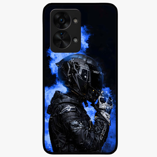 Cyber Sentinel Protocol Glass Case for 1+Nord 2T bold front view featuring futuristic cyberpunk inspired artwork