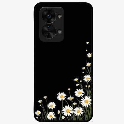 Daisy Cascade on Black Glass Case for 1+Nord 2T elegant front view featuring white daisy artwork on deep black background