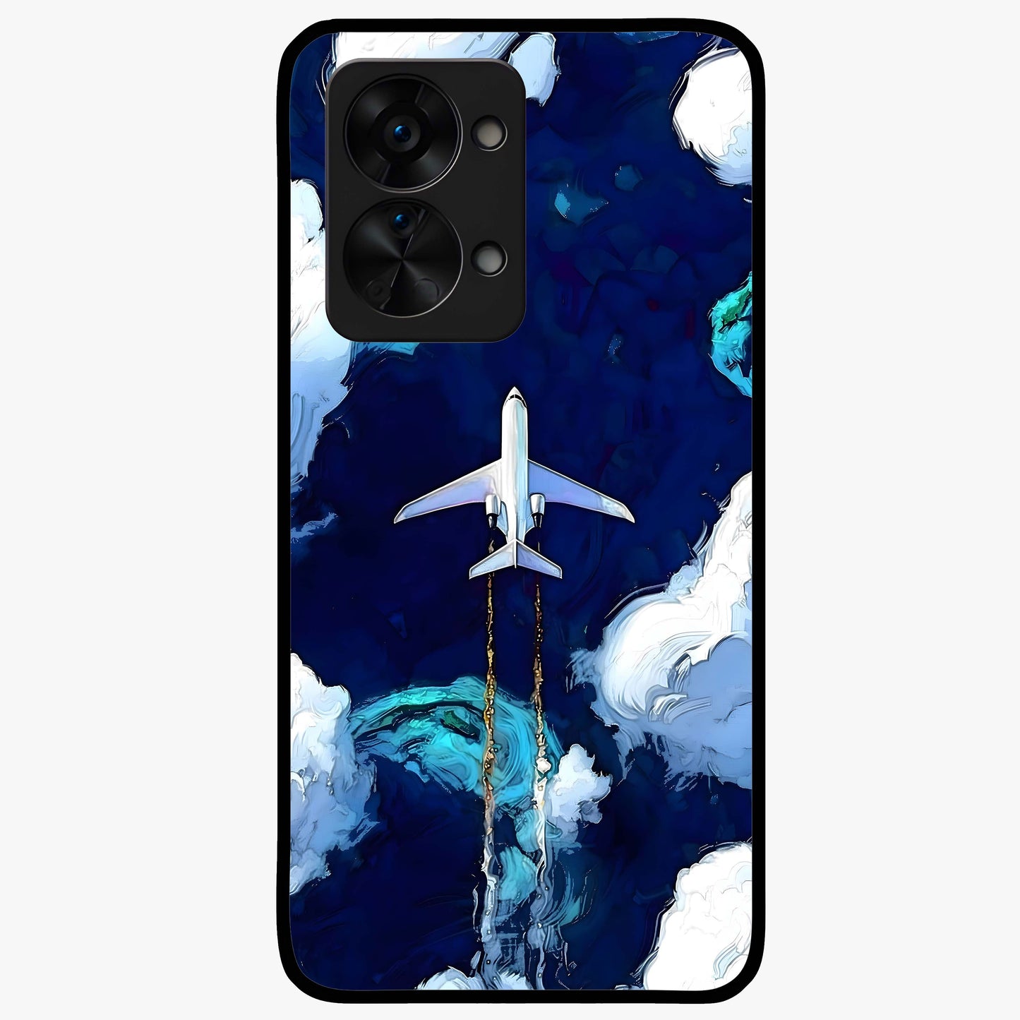 Dark Airplane Glass Case for 1+Nord 2T bold front view featuring airplane silhouette artwork on dark background