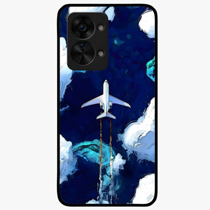 Dark Airplane Glass Case for 1+Nord 2T bold front view featuring airplane silhouette artwork on dark background