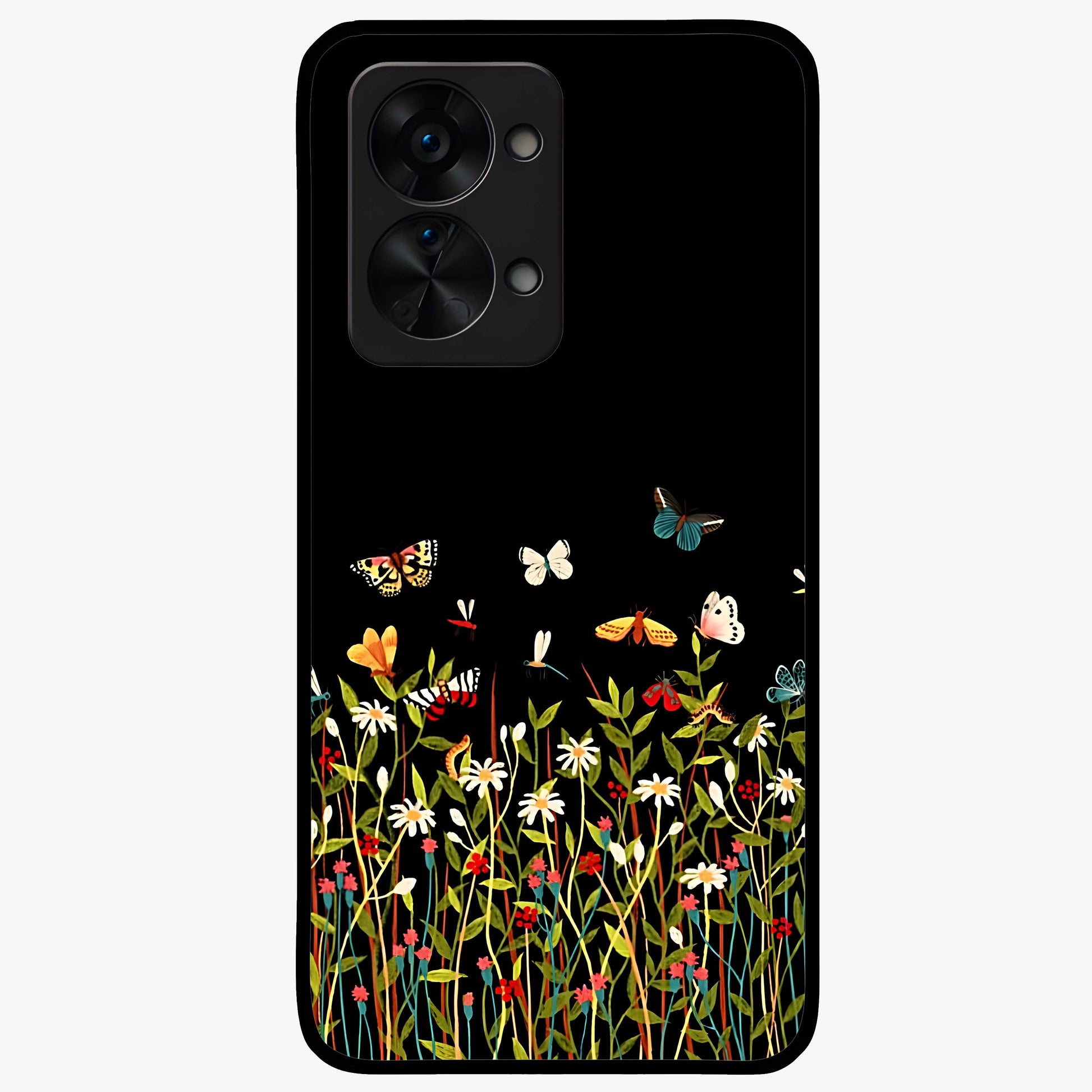 Dark Bloom Wonderland Custom Name Glass Case for 1+Nord 2T striking front view featuring dark floral artwork with personalized name design