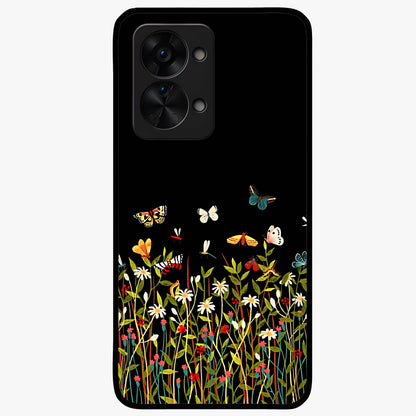 Dark Bloom Wonderland Custom Name Glass Case for 1+Nord 2T striking front view featuring dark floral artwork with personalized name design