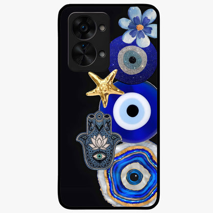 Divine Eye Bloom Glass Case for 1+Nord 2T artistic front view featuring floral evil eye inspired artwork