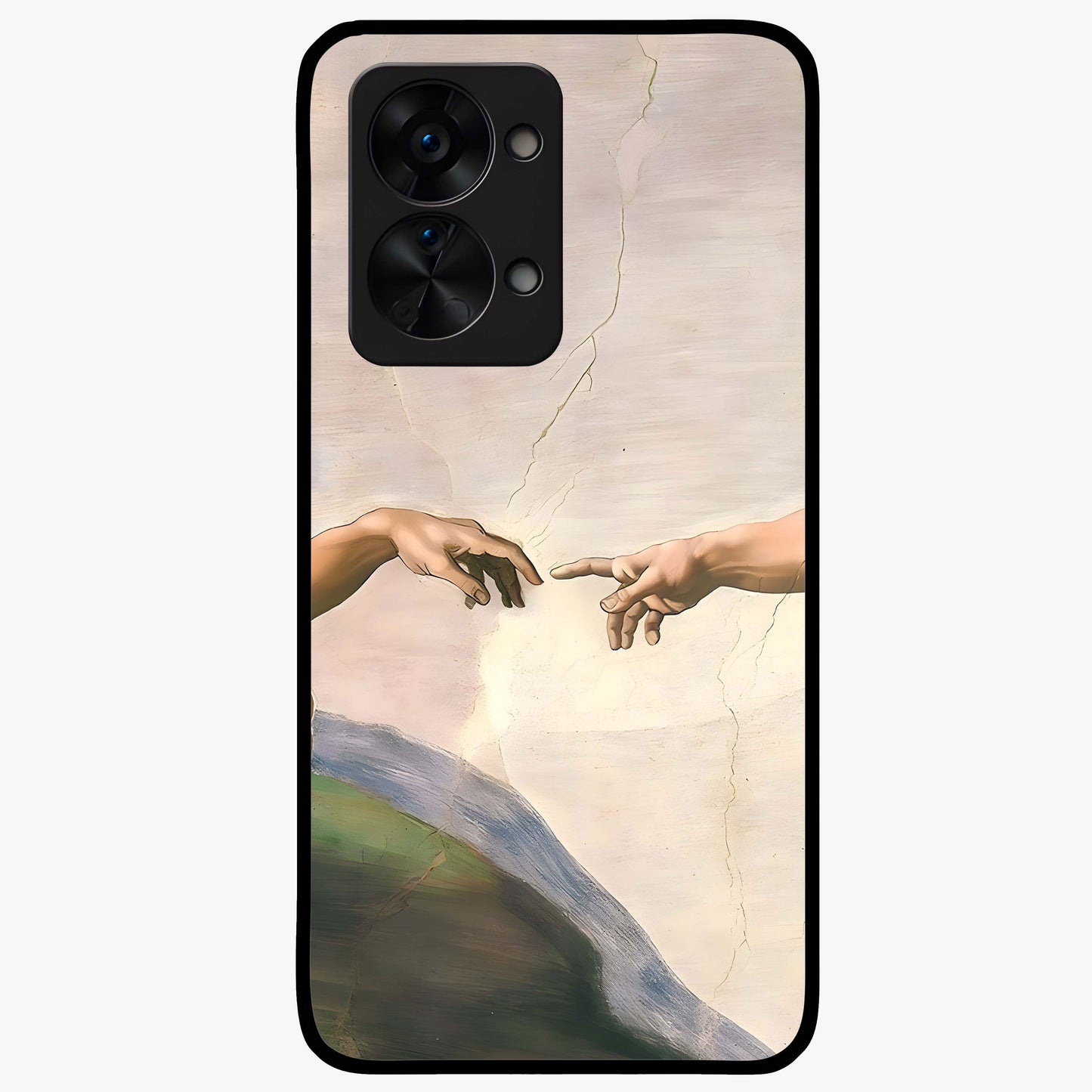 Divine Touch Art Glass Case for 1+Nord 2T artistic front view featuring expressive spiritual inspired artwork