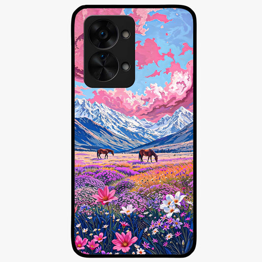 Dreamy Floral Pastures Glass Case for 1+Nord 2T soft front view featuring pastel floral meadow artwork