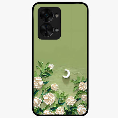 Emerald Bloom Calm Glass Case for 1+Nord 2T elegant front view featuring soothing emerald floral artwork