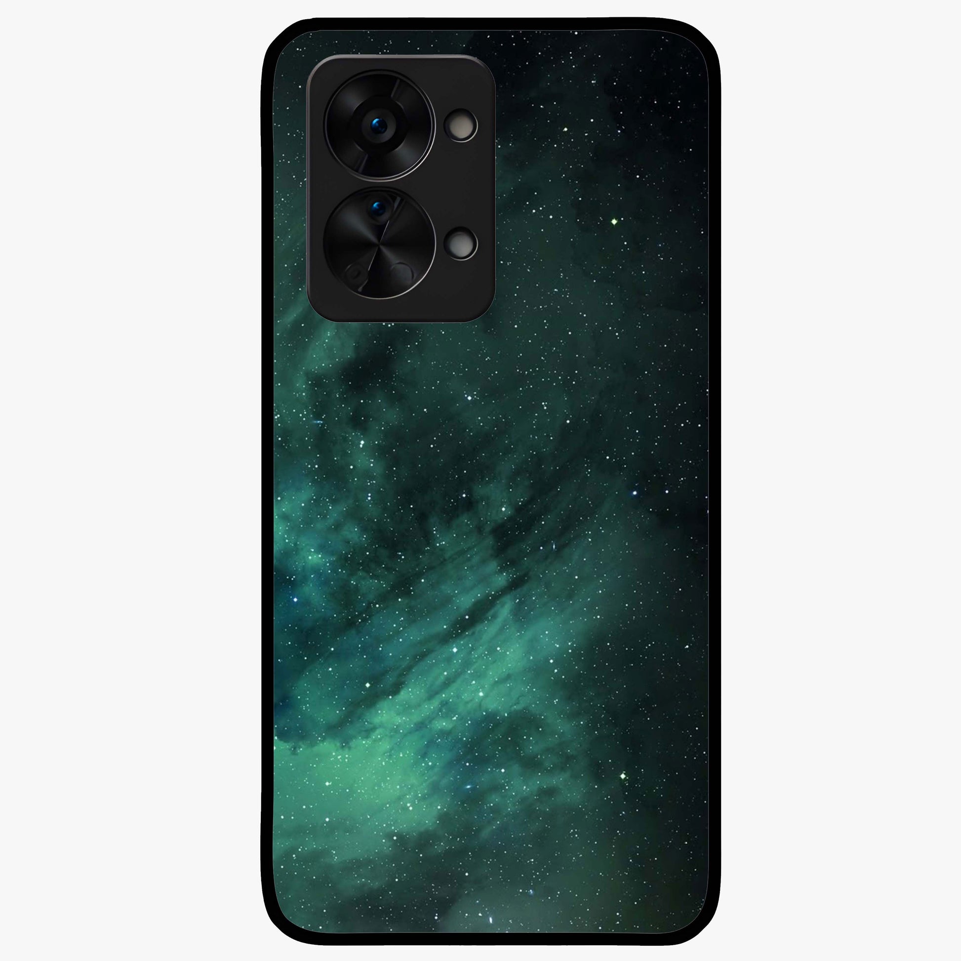 Emerald Green Space Glass Case for 1+Nord 2T vibrant front view featuring deep green cosmic inspired artwork
