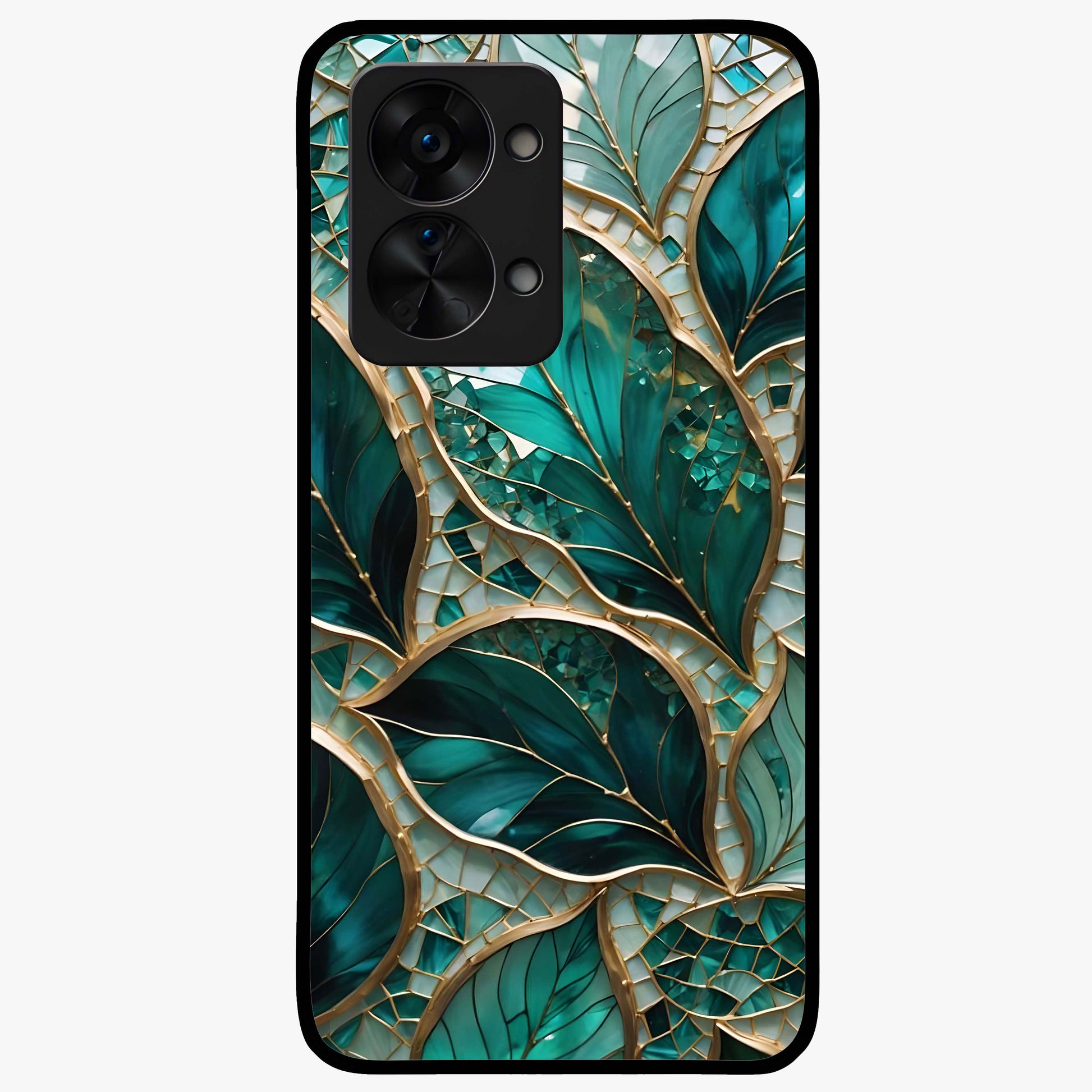 Emerald Leaf Glass Case for 1+Nord 2T minimalist front view featuring elegant green leaf artwork
