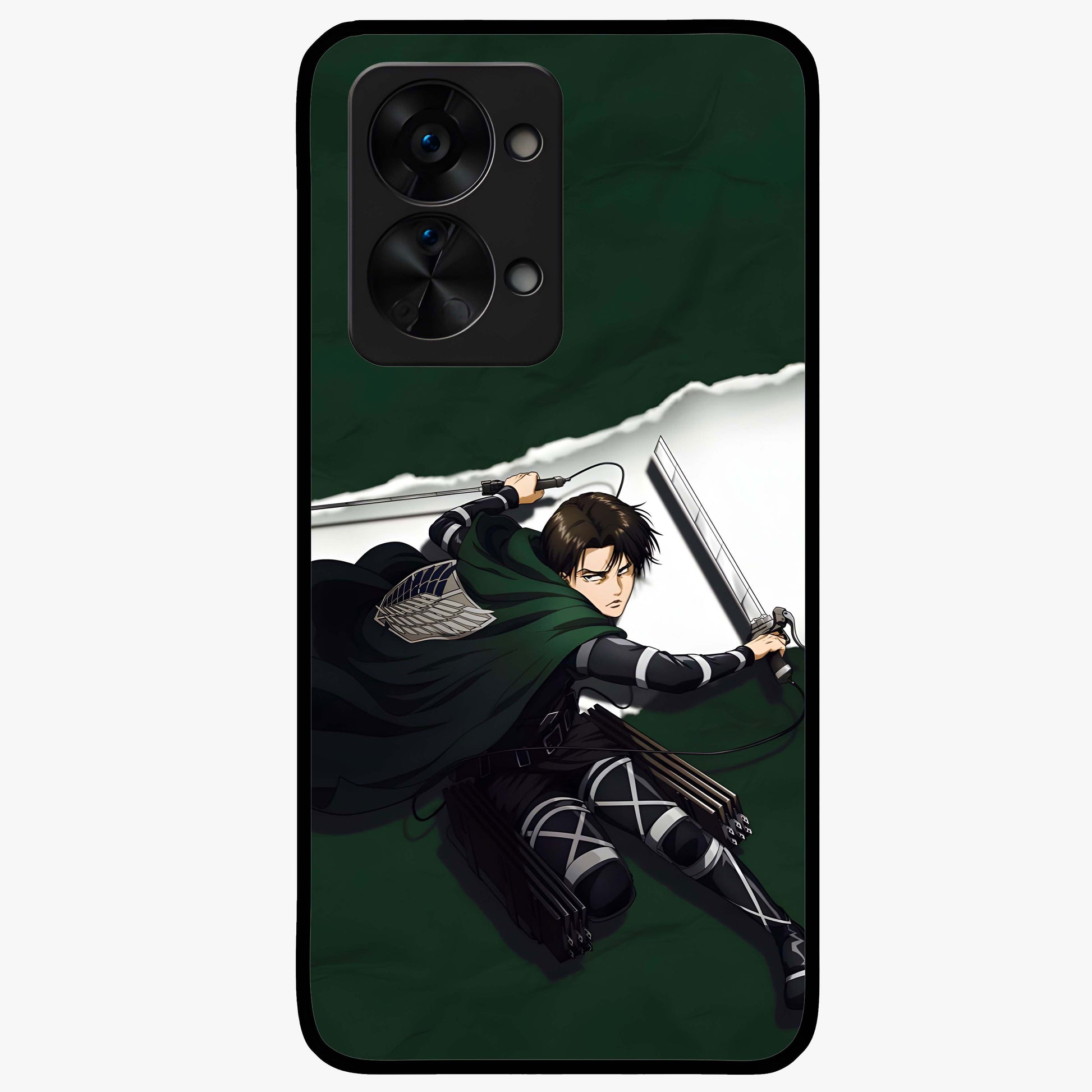 Emerald War Vanguard Glass Case for 1+Nord 2T striking front view featuring warrior inspired artwork in emerald tones