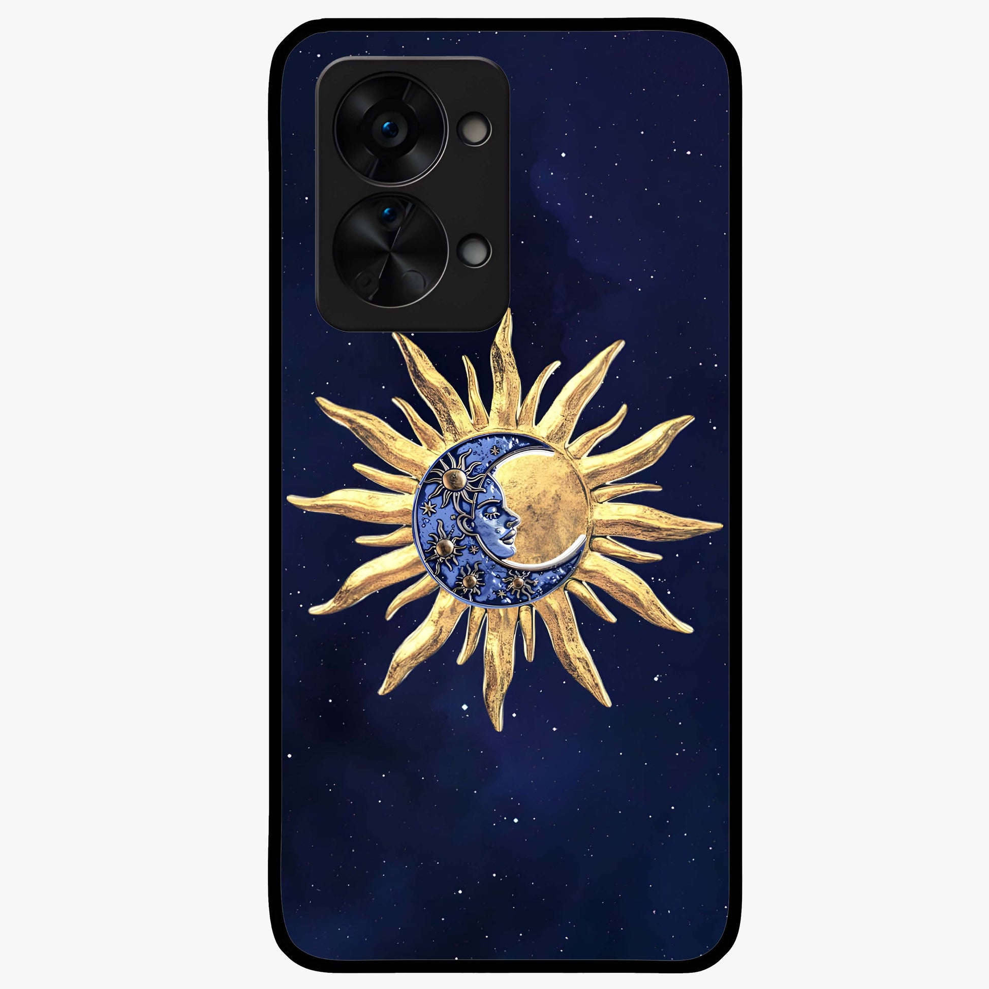 Eternal Cosmic Balance Glass Case for 1+Nord 2T artistic front view featuring symmetrical cosmic artwork