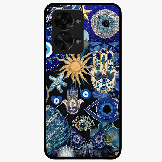 Evil Eye Charm Mix Glass Case for 1+Nord 2T vibrant front view featuring multiple evil eye charm artwork
