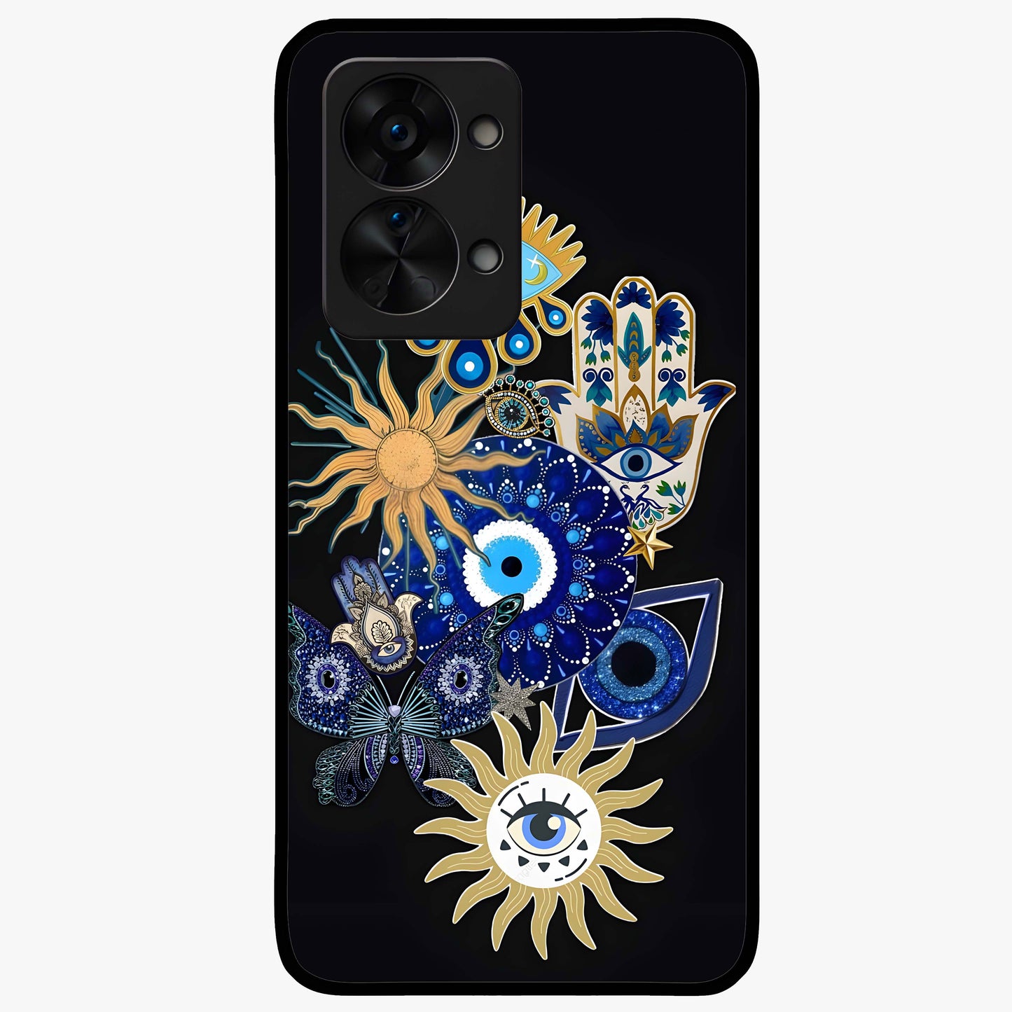 Evil Eye Charm Vibes Glass Case for 1+Nord 2T stylish front view featuring aesthetic evil eye inspired artwork