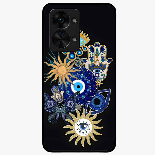 Evil Eye Charm Vibes Glass Case for 1+Nord 2T stylish front view featuring aesthetic evil eye inspired artwork