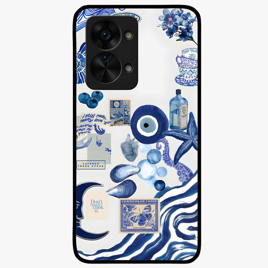 Evil Eyes Dark Blue Glass Case for 1+Nord 2T striking front view featuring deep blue evil eye artwork