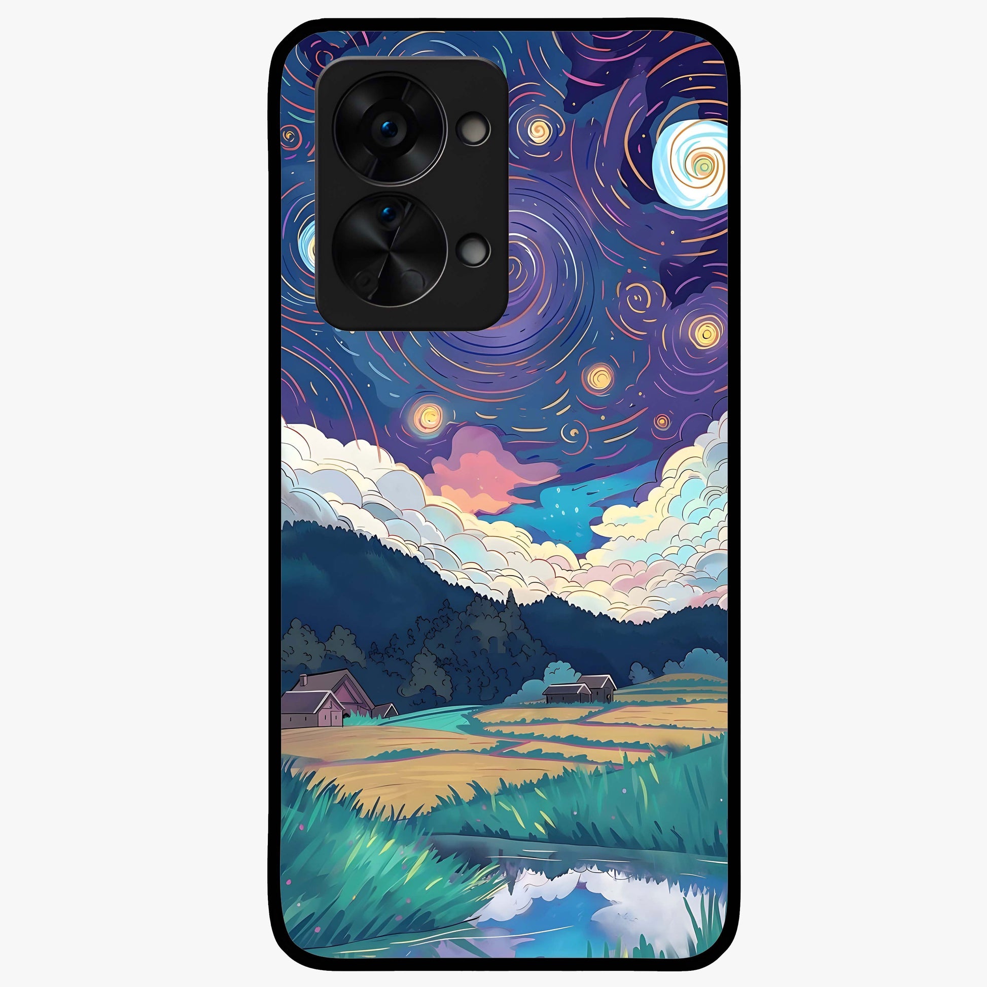 Fields Beneath the Cosmos Glass Case for 1+Nord 2T dreamy front view featuring meadow landscape under cosmic sky