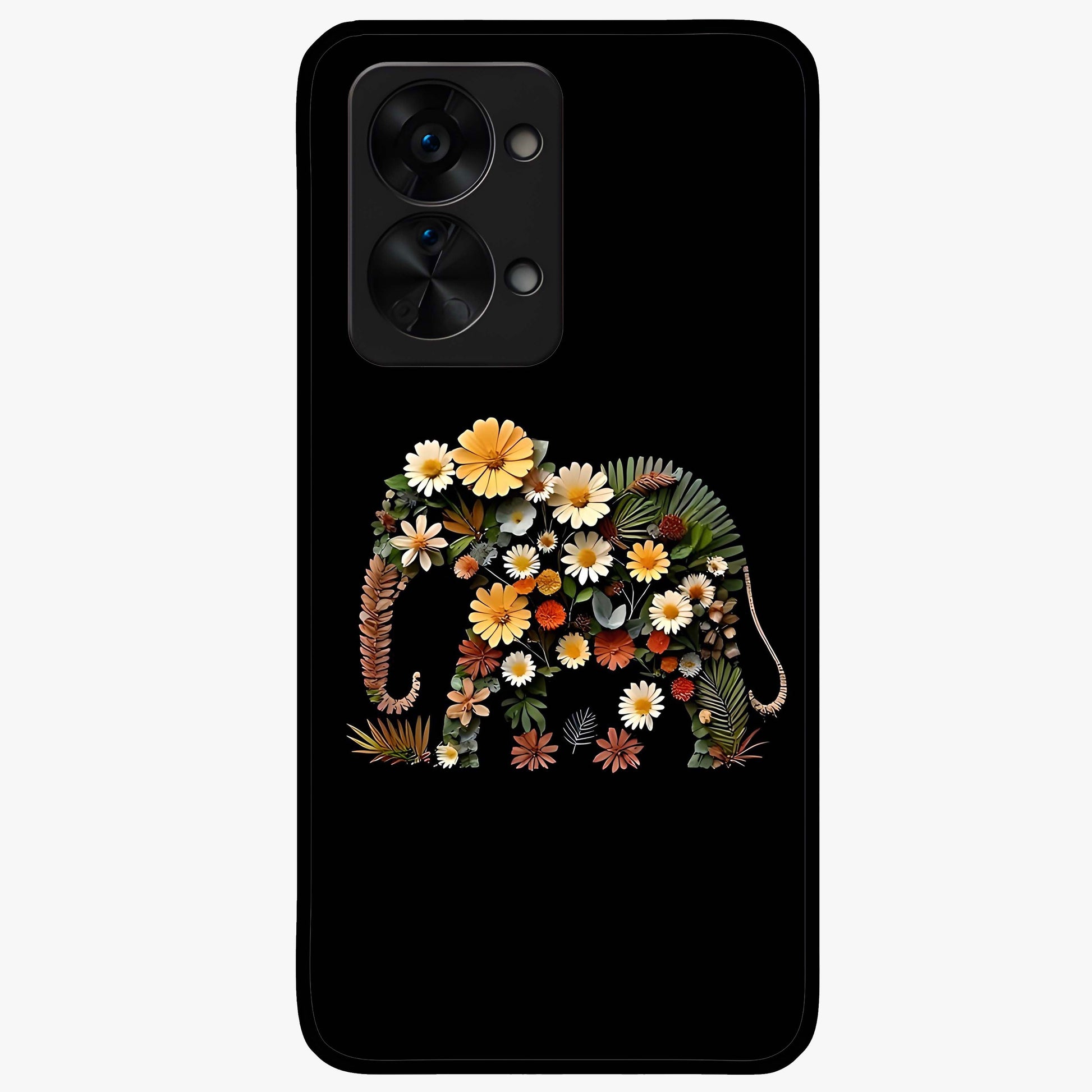 Floral Elephant Glass Case for 1+Nord 2T artistic front view featuring elephant illustration with floral detailing