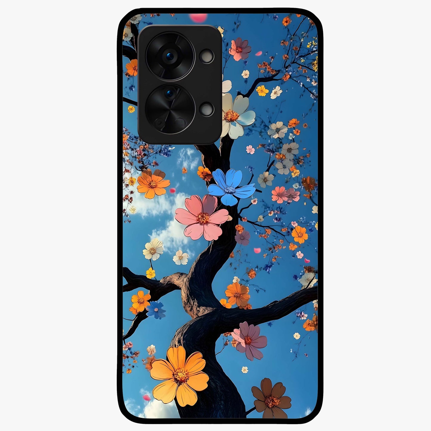 Floral Tree Glass Case for 1+Nord 2T elegant front view featuring blooming tree artwork