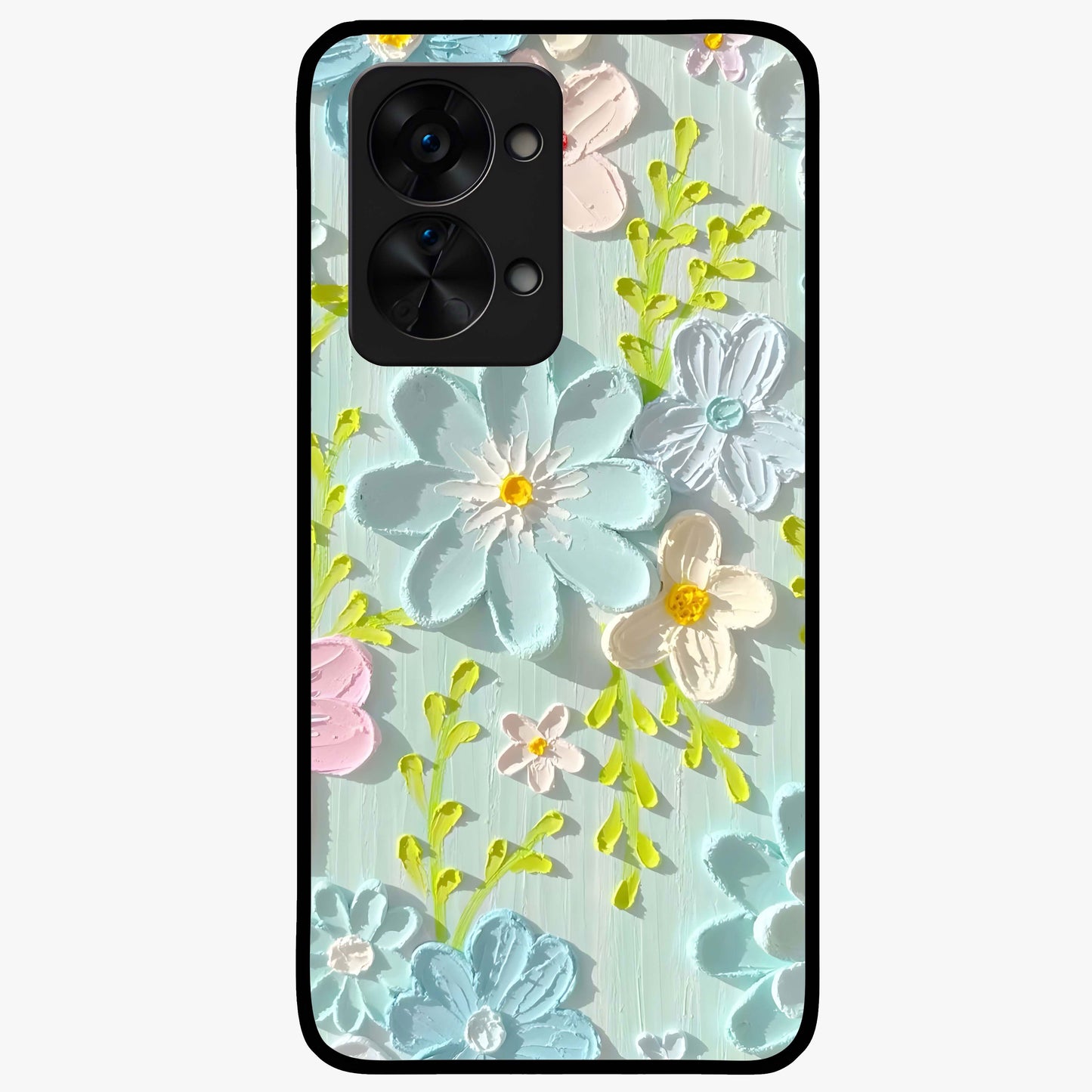 Frosted Petal Garden Glass Case for 1+Nord 2T soft front view featuring delicate floral artwork with frosted aesthetic tones
