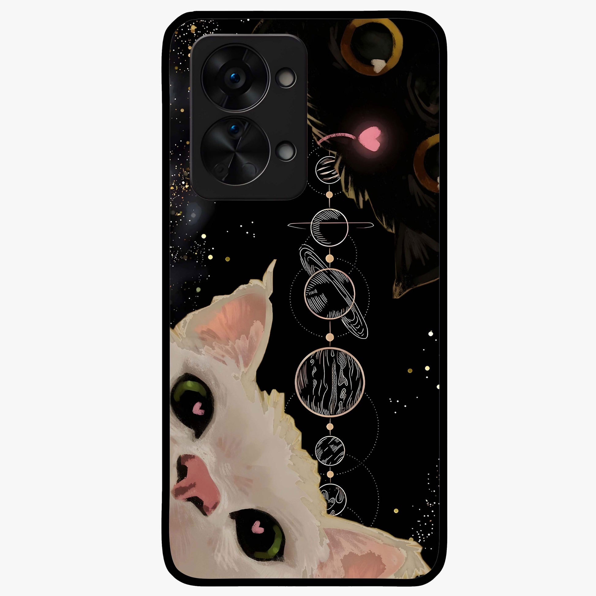 Galactic Cat Glass Case for 1+Nord 2T mystical front view featuring cat artwork against cosmic galaxy background