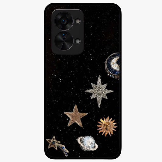 Galactic Charm Glow Glass Case for 1+Nord 2T radiant front view featuring glowing cosmic charm artwork