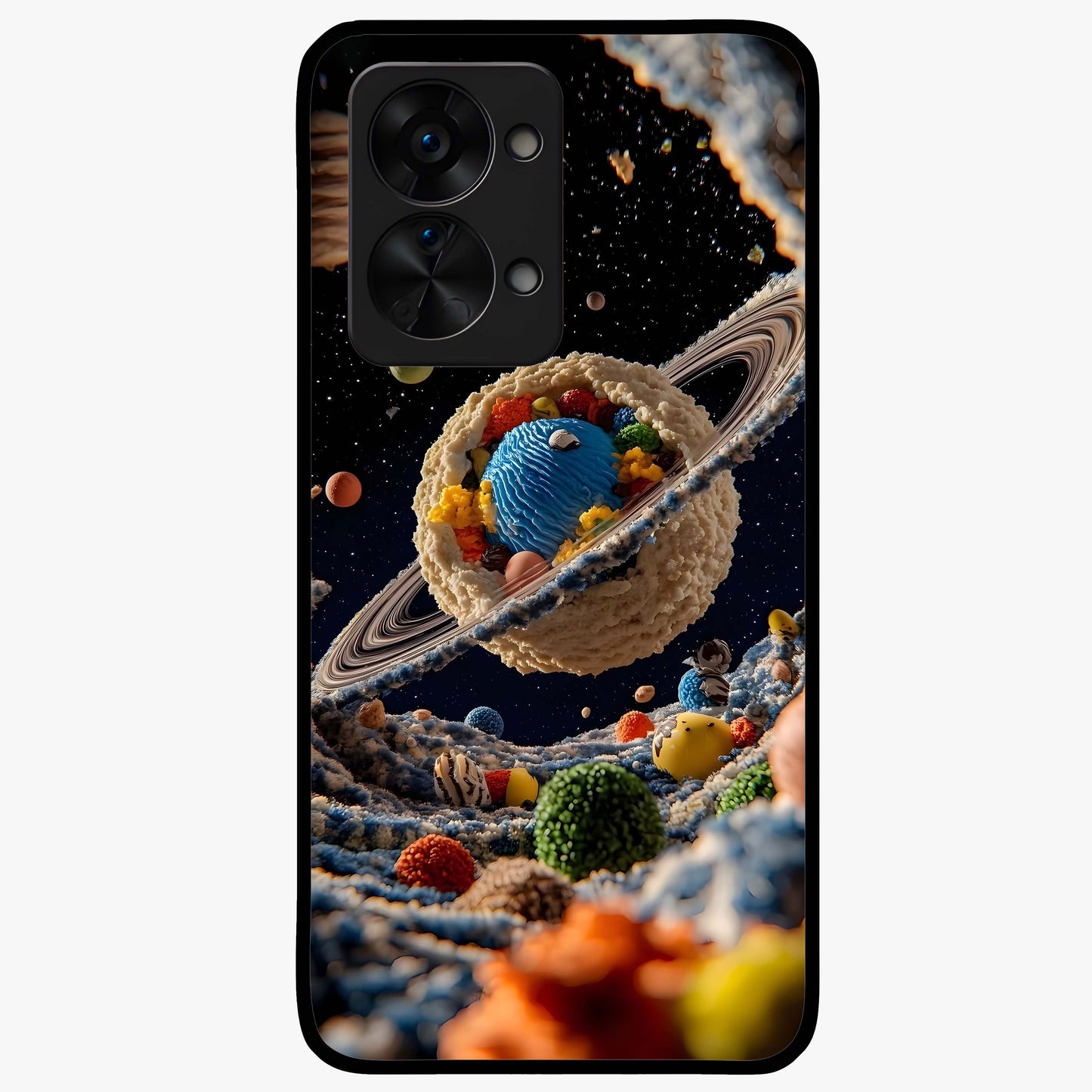 Galactic Dessert Dream Printed Glass Case for 1+Nord 2T playful front view featuring dessert themed artwork with cosmic twist