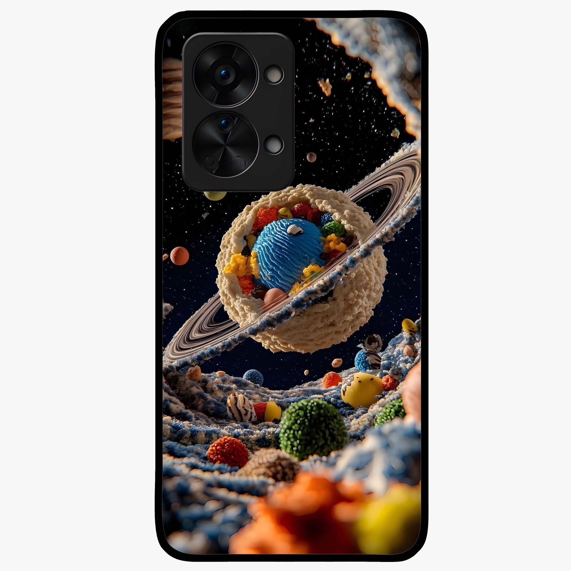 Galactic Dessert Dream Printed Glass Case for 1+Nord 2T playful front view featuring dessert themed artwork with cosmic twist