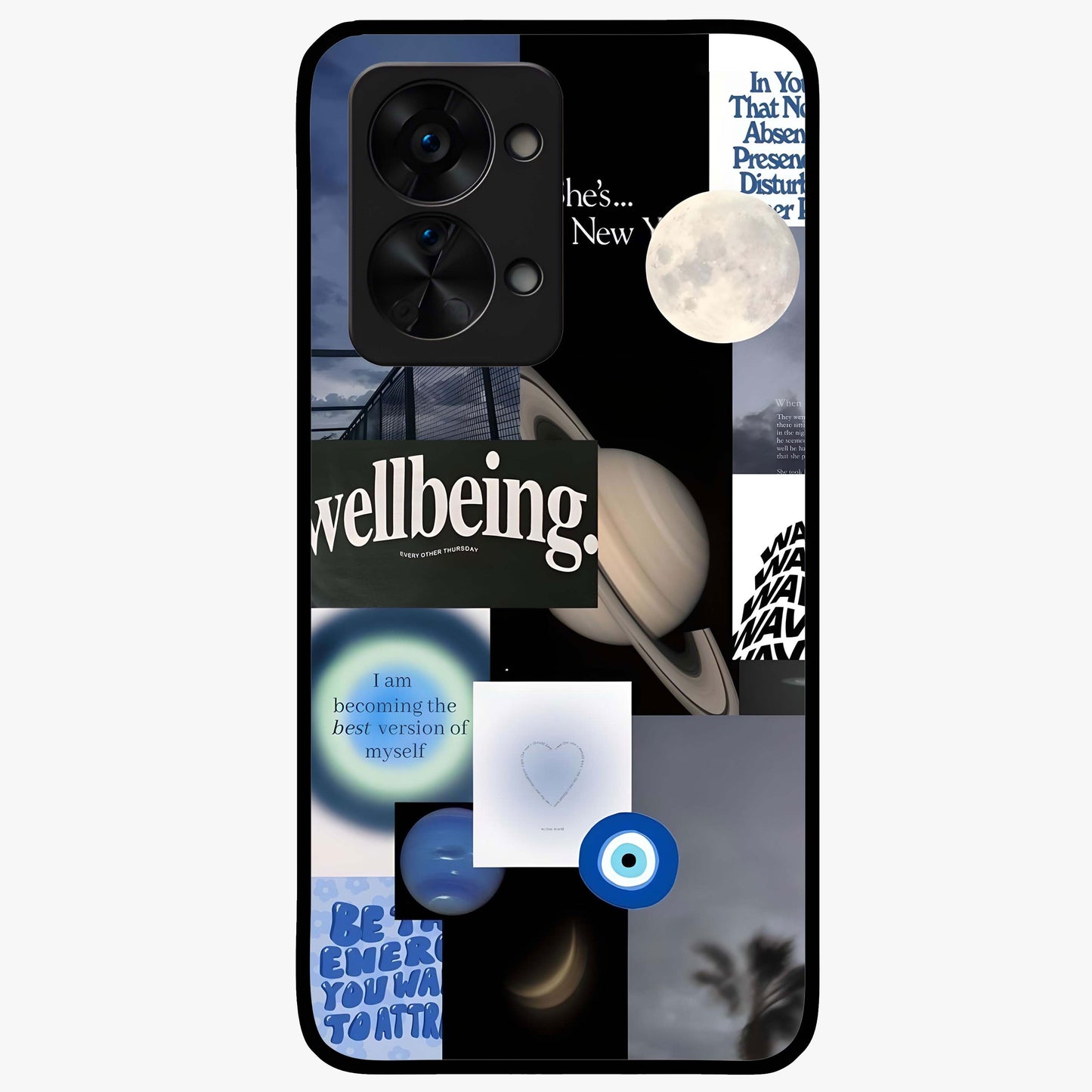Galactic Energy Collage Glass Case for 1+Nord 2T artistic front view featuring layered cosmic collage artwork