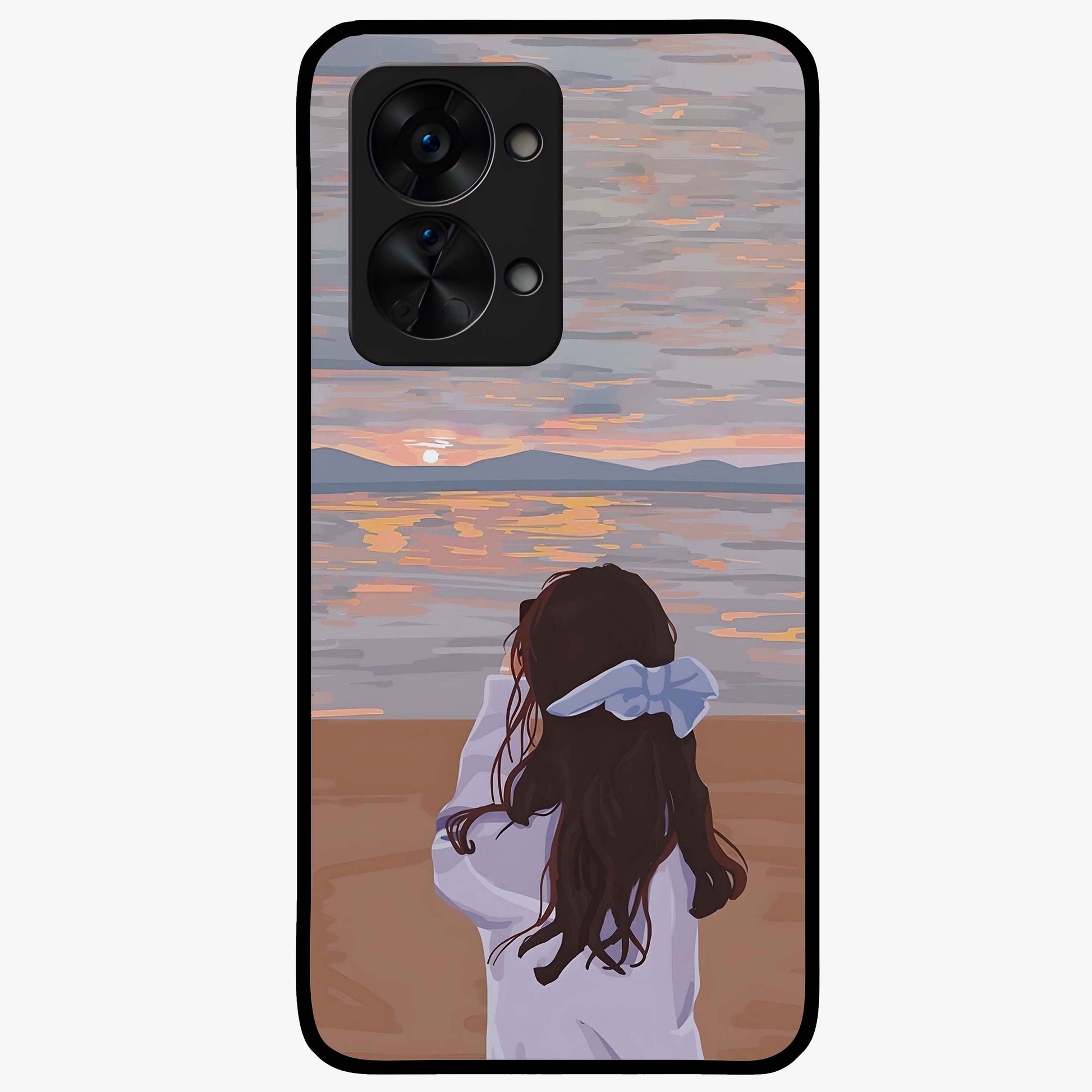 Girl Facing Sunset Beach Glass Case for 1+Nord 2T scenic front view featuring silhouette artwork against glowing sunset sky