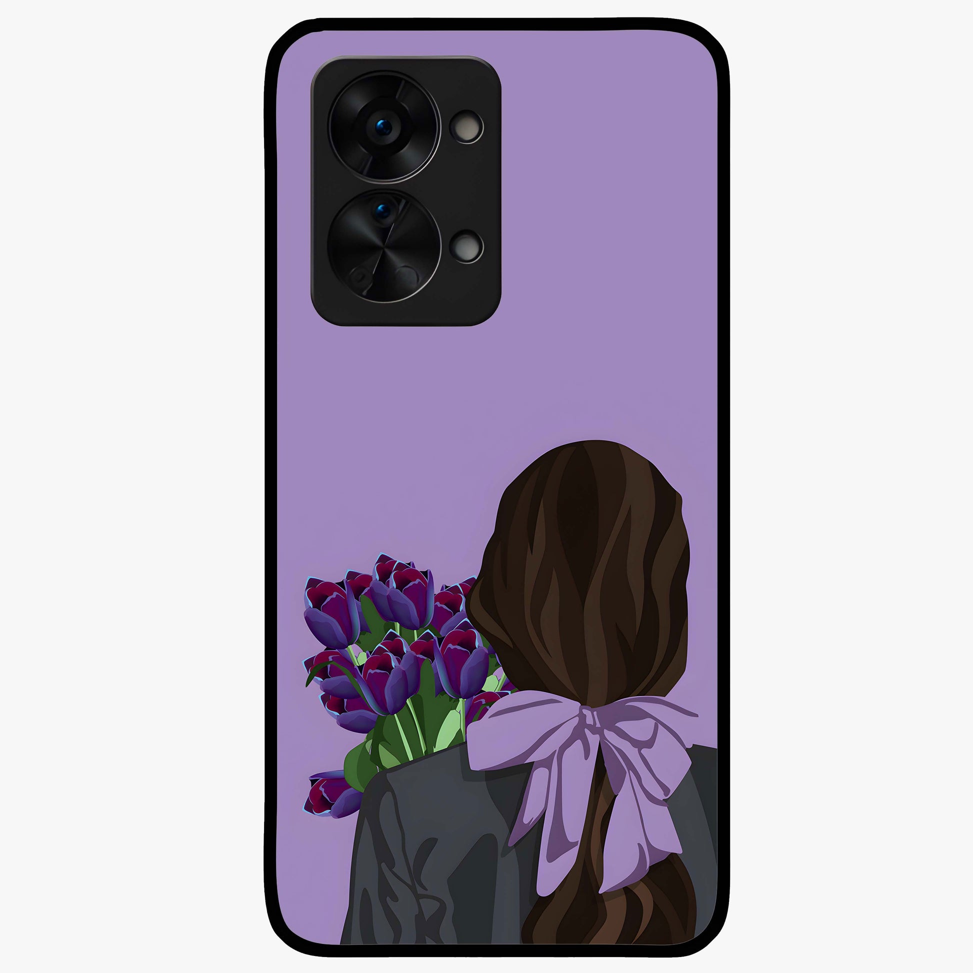 Girl Holding Flowers Glass Case for 1+Nord 2T aesthetic front view featuring soft illustrated character with floral bouquet
