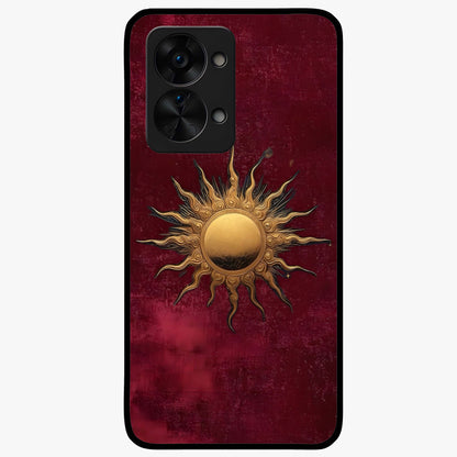 Gold Sun Blush Glass Case for 1+Nord 2T elegant front view featuring warm golden sun inspired artwork